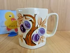 Vintage Coffee Cup Mug PLUMS RIPE ON TREE Purple Brown Hexagon Shape