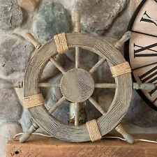 Wood Ships Wheel Coastal Beach Cottage Decor Nautical Wooden 24 in Rope Trim