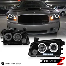 For 06-10 Dodge Charger "SINISTER BLACK" Quad Halo LED Projector Headlights Lamp