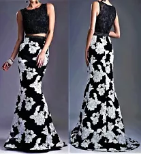 NWT 2pc Black White Beaded Embroidered Floral Prom Pageant Mermaid Dress Size 6