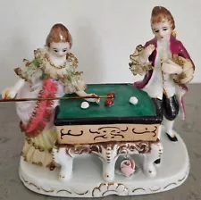 Vintage Victorian Man & Woman Lace Figurines Playing Billiards With Pool Table