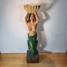 Large 3 Foot Mermaid "Sabrina" Hand Carved Wood Hand Painted 2003 Holding Shell