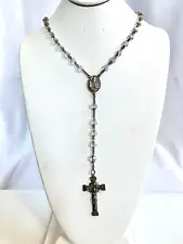 Antique Creed Sterling Silver Crucifix Rosary Clear Cut Glass Beaded Neck 34"