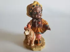 Shiah Yih Painted 3" Handmade Ceramic Ebony Doll With Yellow Dress Hat & Dog