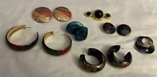 Vintage Jewelry Lot Of 7 Items 80s Enamel Pierced Hoop Earrings Pin Brooch Etc…