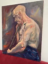 Original Vintage Estate OIL PAINTING - Muscled Bald Man Working a Hot Furnace