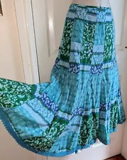 M&S PER UNA Long Blue Green Cotton Patchwork Flippy Gypsy Boho Skirt Size 16 L