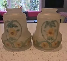 2 Antique Vintage Art Glass Lamp Shades Reverse Painted Flowers