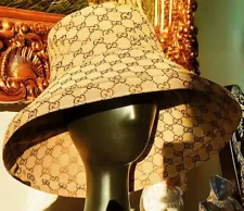 Gucci Beige Monogram Bucket Hat Large Wide Brim GG Bucket Hat Canvas Authentic