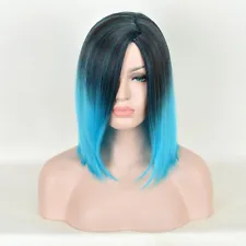 Kylie Jenner Black Blue Ombre Synthteic Full Wig Short Straight bob Wigs