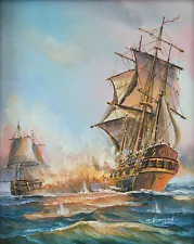 J. Harvey Oil Painting On Board SHIPS BATTLE AT SEA Signed Framed Original