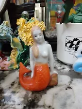 Vintage Old Aquarium Swim Around Brown Haired Orange Tail Japan Mermaid Bubbler