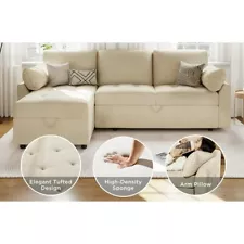 Pull Out Sofa Bed,Modern Tufted Sofa, Sofa with Storage Chaise,Chenille Beige