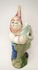 Vintage Ceramic Garden Gnome Holding Huge Fish Hand Painted Ceramic Bisqueware