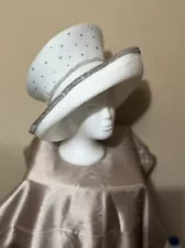 Harriet Rosebud Dress Church Hat WHITE With Rhinestone Trim Wide Brim GUC