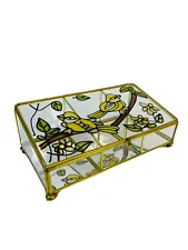VTG MCM Boho Mirrored Brass Floral Glass Sparrow Birds Jewelry Casket Curio Box