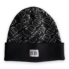 Dope Black and White Knit Beanie With "DOPE" Letters Pattern Repeating All-Over