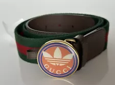 Gucci x Adidas Round Buckle Leather/Fabric Belt Brown/Green/Red 95/38 IT 702259