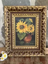 Vintage Sunflower Still life flower Art study wood frame Oil Painting