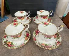 Lot of Four Royal Albert Old County Roses Footed Teacups and Saucers