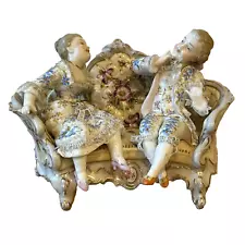 New ListingVTG Dresden PORCELAIN FIGURINE Courting Couple on Sofa Gold Trim Lace Intricate