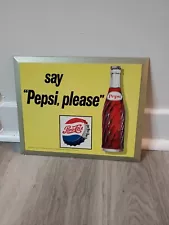 c.1960s Original Vintage Pepsi Sign Metal Say Pepsi Please NEW OLD STOCK