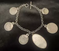 Vintage Coin Bracelet US 1865 3Cent Nickel 1873 Fennig Silver Chain 7"ðºðº