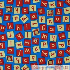 BonEful FABRIC Cotton Quilt Blue Paddington Bear Baby Block Letter School SCRAP