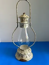 Rustic Looking Railway Lantern Tea Light Glass Globe Distressed Ivory Farmhouse