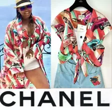 4K Chanel 2017 Cuba Cars Print Logo Red White Crop Top 2 Shirt 34 36 38 4 6 S M