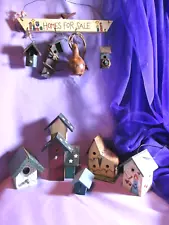 Lot of 6 Miniature Rustic Folk Art Wood Birdhouses "Homes For Sale" Hanging Deco