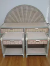 4 Piece 1980s Wicker Rattan Bedroom Set, Headboard, Dresser, Tables, Pick-up CT