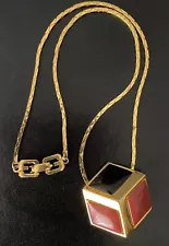 Vintage Givenchy 1980 Signed 3D Style Cube Gold & Red Tone Necklace