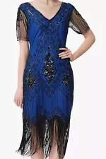 BABEYOND DRESS SIZE 4XLARGE BLUE & BLACK BEADS FLAPPER 1920’S GREAT GATSBY PARTY