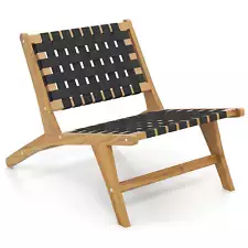 Teak Wooden Chair w/ Woven Webbing Seat & Backrest for Patio Mid Century Modern