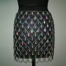 Lady Sexy Mini Skirt Glitter Rhinestone Fishnet Mesh See Through Hollow Out Club