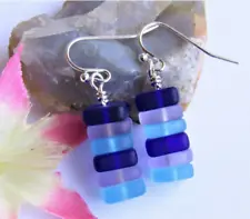 Stacked Blue & Purple Sea Glass Pebble Earrings, Gift For Her, Handmade