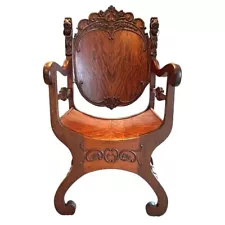 Antique Ornate Carved Wood Wooden Lion Head Savonarola Throne Chair