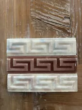 #82 3 Tiles Greek Key Antique Art Tiles Victorian Pottery Ceramic Old Bridge