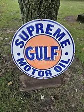 LARGE VINTAGE GULF SUPREME MOTOR OIL DEALER PORCELAIN GAS STATION PUMP SIGN 30"