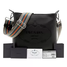 Prada Vitello Phenix Black Leather Web Strap Crossbody Bucket Bag New