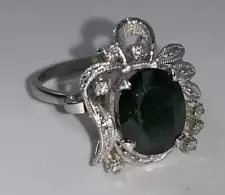 Vintage Green Tourmaline, Diamond, White Gold Ring size 5.5 -Estate Purchase