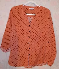 Notations Woman Oragne with Black Polka Dots Button Up Blouse 2X