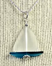 SAILBOAT handmade Sea glass jewelry crystal white w TEAL hull nautical necklace