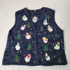 Vintage Segue Ugly Christmas Sweater Vest Womens Large Blue HoHoHo Snowman