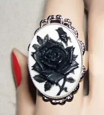 BLACK ROSE CAMEO RING Silver Plated ADJUSTABLE Wide Band Mourning Flower