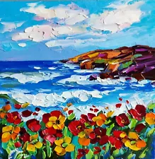 original oil painting Floral Laguna beach artwork Poppy flowers Seascape 6*6 in