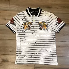 Switch Remarkable Limited Edition White Polo Shirt Striped Tiger Roses Mens Sz S