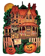 HAUNTED HOUSE w ROOMS FOR RENT, JOL PUMPKINS * Glitter ORNAMENT * Vtg Img