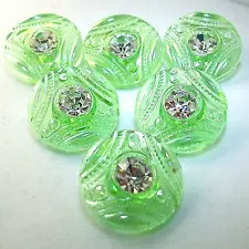 SET OF 6 (SIX) GREEN CZECH GLASS BUTTONS WITH RHINESTONE 9/10" 23 mm